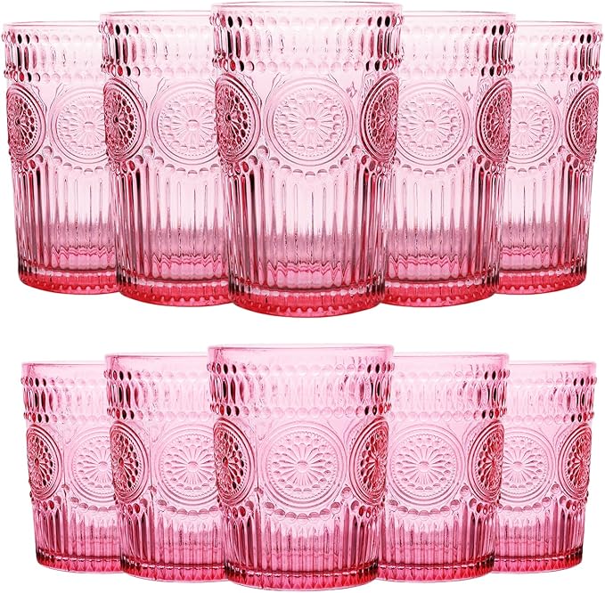 12pcs Vintage Drinking Glasses Set, 12 oz Highball Glasses & 9 oz Embossed Ribbed Glassware Cups for Cocktail, Water, Juice, Coffee, Whiskey (Pink)