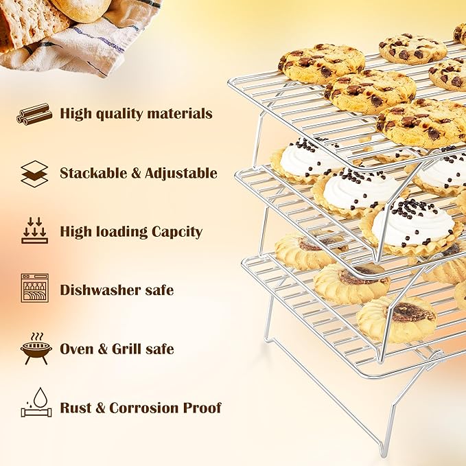 3 Tier Stackable Cooling Rack for Batch Cooling Cookie, Pizza, Cake-15.8”x 10”- Heavy Duty Cooling Racks for Cooking and Baking, Oven and Dishwasher Safe Baking Supplies-Silver