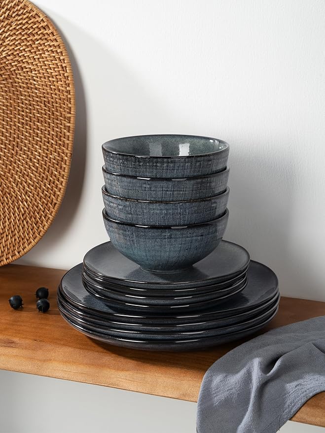 Famiware Moonlight Plates and Bowls Sets, 12 Pieces Stoneware Dinnerware Sets with Linen Finish, Handmade Dishware Set for 4, Microwave and Dishwasher Safe, Chip and Scratch Resistant, Dark Blue
