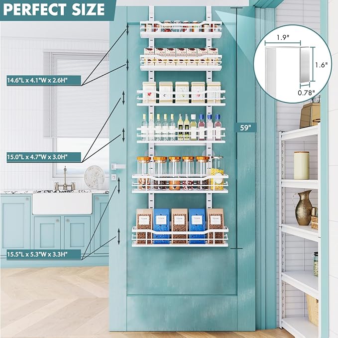 Over The Door Pantry Organizer,6-Tier Over The Door Organizer with Adjustable Basket,Metal Hanging Pantry Organizers and Storage for Kitchen, Back of Door Seasoning Rack (White)
