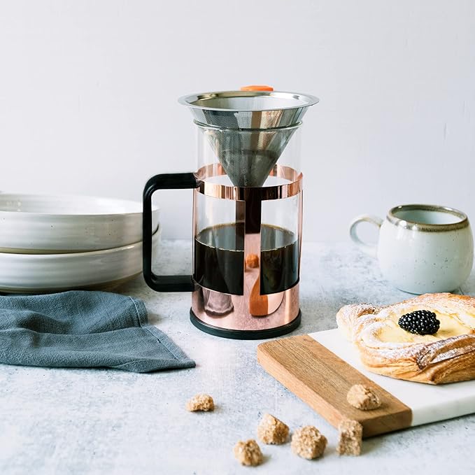 Reusable Coffee Filter for Pour Over Coffee Maker | Dual Layered Pour Over Mesh Filter with Glass Rest | Stainless Steel Coffee Filter & Glass Measuring Cup