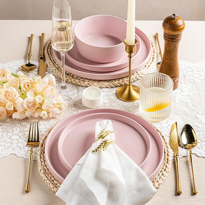 AmorArc Ceramic Plates Set of 6, Matte Glaze 8.0 Inch Dishes Set for Kitchen, Dessert,Salad,Appetizer, Small Dinner Plates, Microwave & Dishwasher Safe, Scratch Resistant, Matte Pink