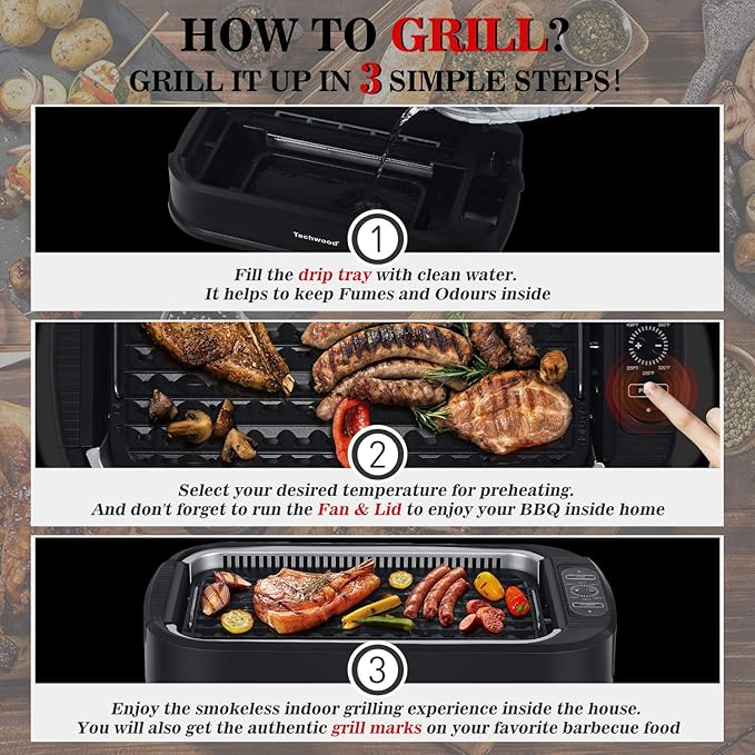 Techwood 1500W Smokeless Indoor Electric Grill with Non-Stick Plates and Tempered Glass Lid - Korean Grill with Temperature Control