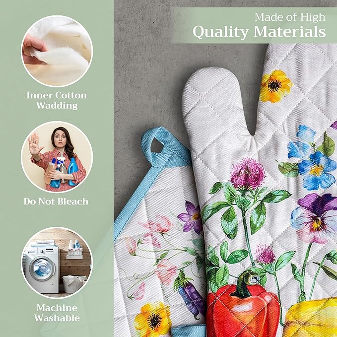 Maison d' Hermine 100% Cotton Oven Mitt & Pot Holder Set (7.5"x13" & 8"x8") Heat Resistant BBQ Cooking Gloves with Loop, Baking, Grilling, Kitchen, Handling Hot Pans Spring/Summer (Giverny)