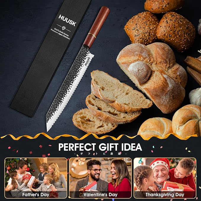 Huusk Japanese Bread Knife, 9.7 Inch Long Serrated Bread Knife, Lightweight Slicing Bread Knife for Cutting Homemade Sourdough Bread, Serrated Knife with Gift Box