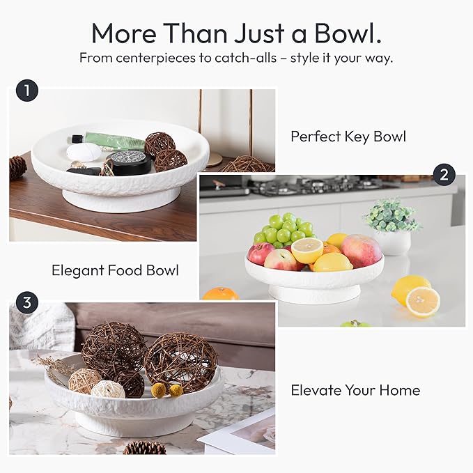 Granite Inspired Matte White Fruit Bowl | Wide, Shallow Textured Pedestal Bowl | 11 Inch Unique Centerpiece for Table or Decor for Entryway Table