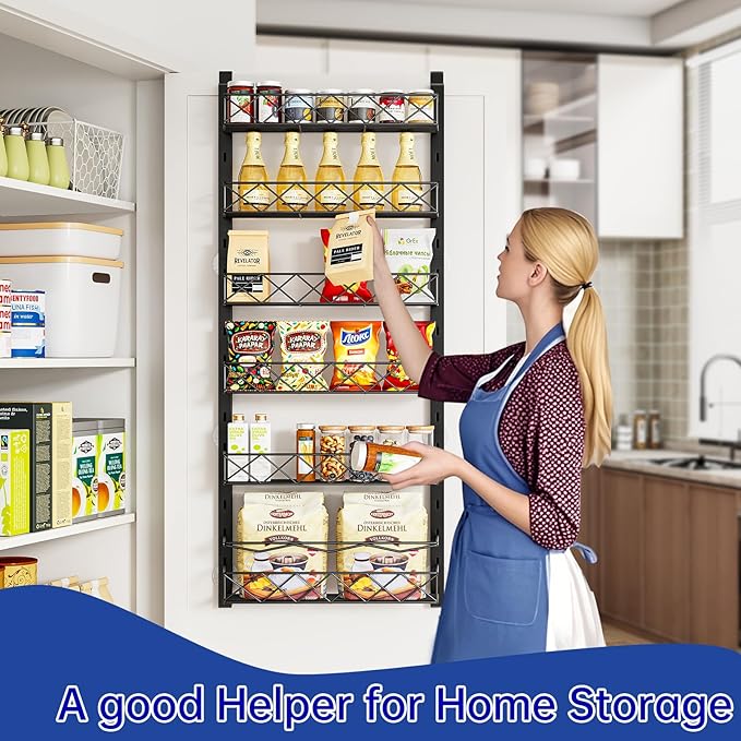 MIAOLI Over the Door Organizer, Black 6-Tier Pantry Door Organizer with Adjustable Basket, Hanging Spice Rack Cabinet Door Shelves, Laundry Room Organization and Storage