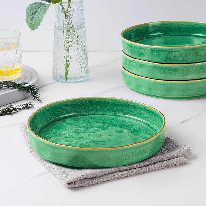 E-far Pasta Bowls Set of 4, 30oz Shallow Salad Bowls for Dinner Serving, 8.25" Stoneware Ceramic Bowl Plates for Noodle Soup, Microwave & Dishwasher Safe, Reactive Glaze, Green