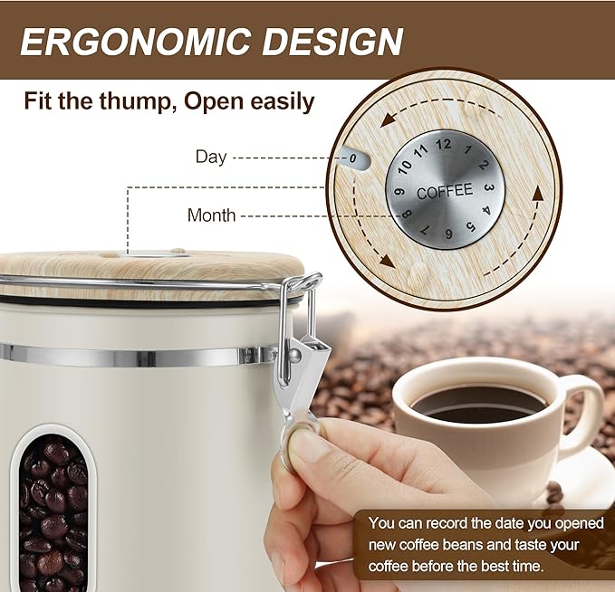 1800ML Airtight Coffee Canister with Date Tracker&Transparent Window, 22.8OZ Coffe Beans Storage with 30ML Measure Spoon&4 co2 Valve, Coffee Container for Grounds Coffee, Beans, Tea, Sugar(Beige)