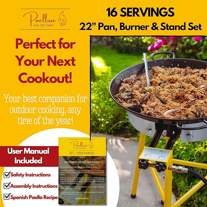Paella Burner and Stand Set 16 Servings, 22 Inch Paella Pan, Dual Propane Outdoor Stove with Stand & Regulator, Portable Gas Cooker for Camping Crawfish Boil Cooking Outdoor, Paellera Propano