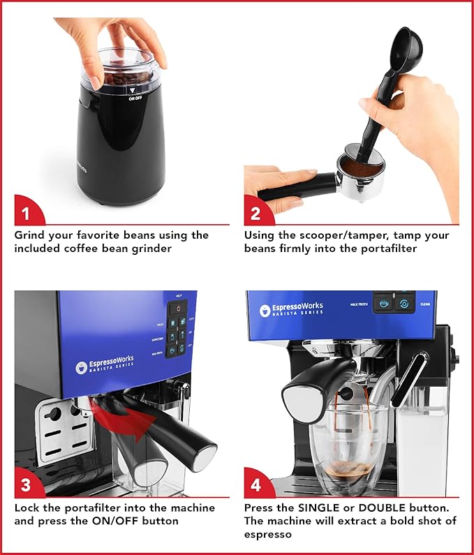 EspressoWorks 19-Bar Espresso, Cappuccino and Latte Maker 10-Piece Set - Brew Cappuccino and Latte with One Button - Espresso Machine with Milk Steamer 1250W - Coffee Gifts (Blue)