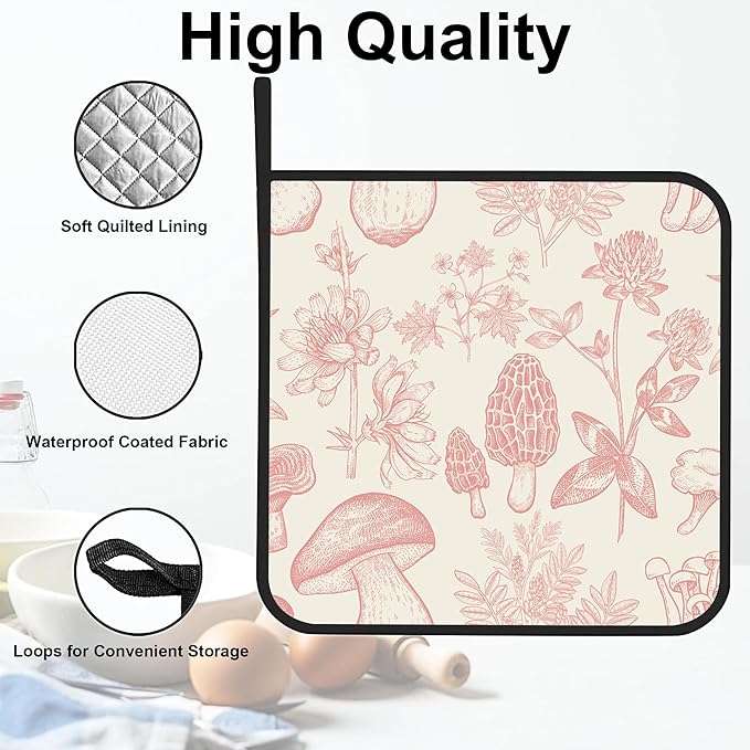 Vintage Mushrooms Pot Holders Set of 2 Heat Resistant & Non Slip Potholders, Forest Plants Oven Hot Pads for Kitchen Cooking Baking Barbecue