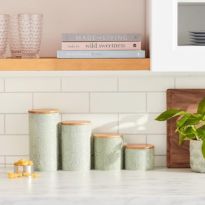 American Atelier Embossed Canister Set 4-Piece Ceramic Set Jar Container with Wooden Lids for Cookies, Candy, Coffee, Flour, Sugar, Rice, Pasta, Cereal & More Sage