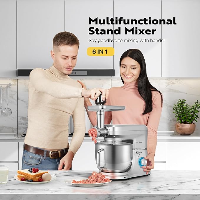 VIVOHOME 6 in 1 Multifunctional Stand Mixer with 8.5 Quart Stainless Steel Bowl, 660W 10 Speed Tilt-Head Meat Grinder, Juice Blender, Vegetable Slicer, Pasta and Cookie Maker, Silver