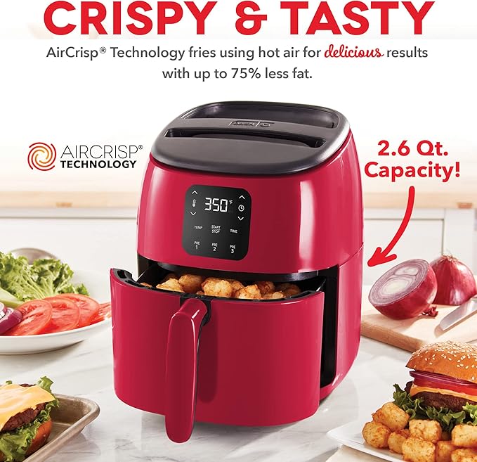 DASH Tasti-Crisp™ Electric Air Fryer Oven, 2.6 Qt., Red – Compact Air Fryer for Healthier Food in Minutes, Ideal for Small Spaces - Auto Shut Off, Digital, 1000-Watt