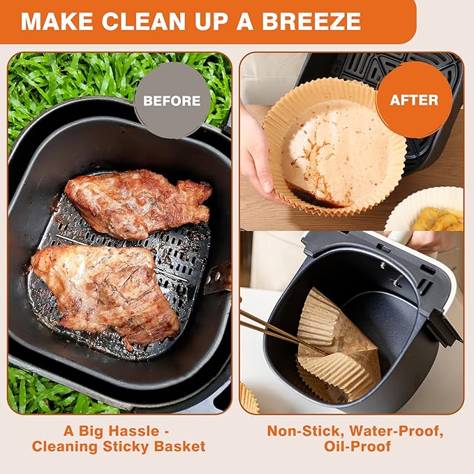 Vailnd Disposable Air Fryer Paper Liners, 9 Inch Max Xl Large Cooker Airfryer Parchment Paper Liners, 100Pcs Oil Proof Round Basket Bowl Liner Baking Paper for 8-12 QT Air Fryer Microwave