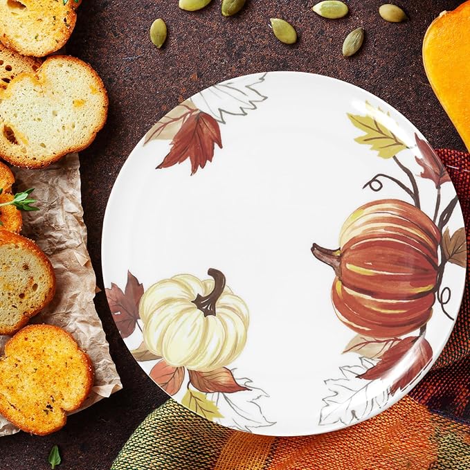 12pcs Melamine Dinner Plates,10 Inch Pumpkin & Autumn Leaf Decorations Plate,Reusable Melamine Dishes Set for Thanksgiving & Fall Decor Party, Ideal for Salad,Dessert,Fruit and Cakes