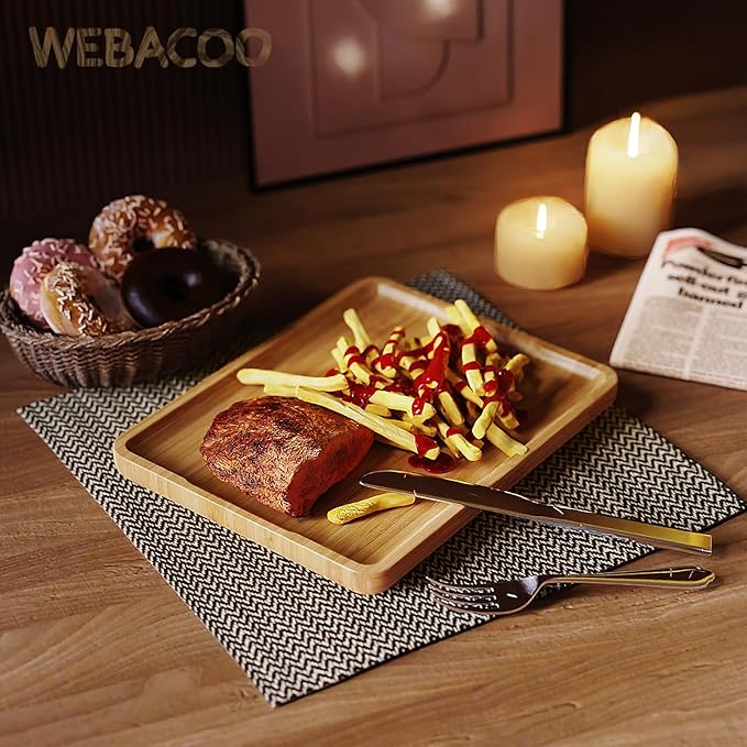 Square Bamboo Serving Tray with Handles - 9.4x7.4 Inch Rustic Wooden Platter for Coffee, Kitchen, Living Room & Party (Lightweight, Splinter-Free & Oil-Coated)