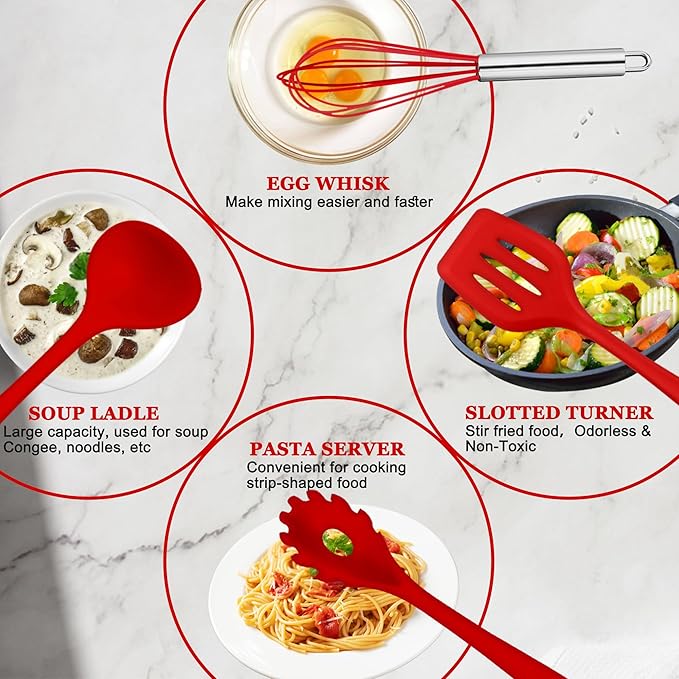 E-far 10 Pieces Silicone Cooking Utensils Set, Heat Resistant Kitchen Utensil Set for Nonstick Cookware, Kitchen Cooking Tools with Spatula, Spoon, Slotted Turner, Non-Toxic & Dishwasher Safe (Red)