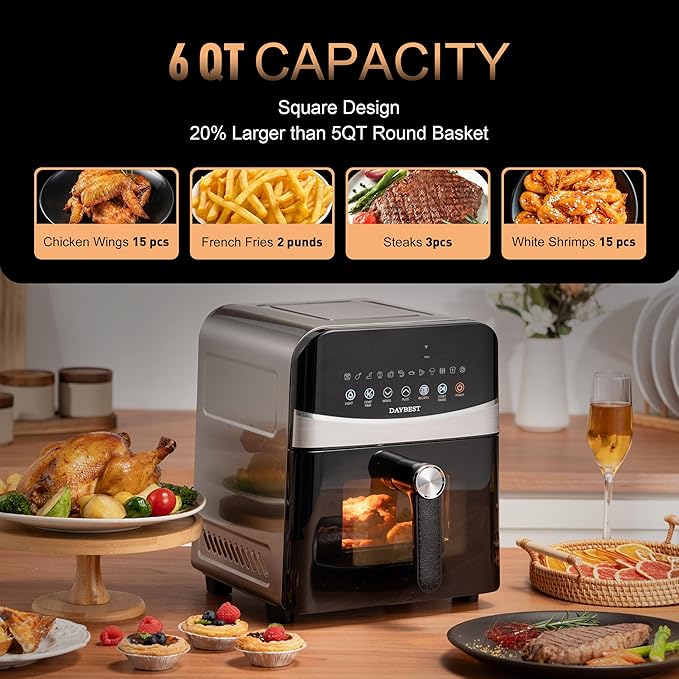 Stainless Steel Air Fryer Ceramic Coat Basket Non Toxic Metal Cavity 6 QT Compact for 2-3 PAX, DAYBEST Dual Heats Airfryer 450°F 12 in 1, Dishwasher Safed Pot, Plate, Rack & Liner (Stainless Steel)