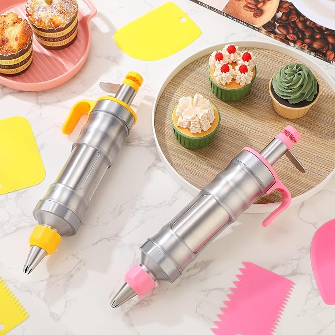Uiifan 2 Sets Icing Decoration Gun Set Dessert Decorating Decorator Syringe Cake Decorating Tool and 12 Pcs Russian Piping Icing Nozzles Cupcake Filling Injector Cake Tool for Baking(Pink, Yellow)