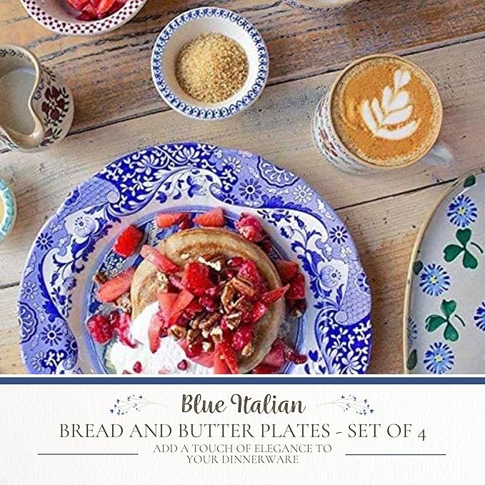 Spode Blue Italian 6.5" Bread & Butter Plate, Set of 4 - Classic Oriental-Inspired Porcelain Side Plates, Blue Ceramic Oriental Tableware for Appetizers, Desserts, Snacks - Made in England