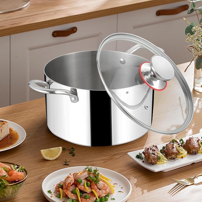 Herogo 4 Quart Stock Pot, 18/10 Stainless Steel Cooking Pot with Lid, Tri-Ply Pasta Stockpot with Handles, 4 QT Stockpot for Induction Gas Electric Stove, Dishwasher Safe