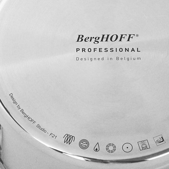 BergHOFF Professional Tri-ply 18/10 Stainless Steel Stockpot 8" 4 Qt. Safe Grip Handle Matching Lid Induction Cooktop Measurement Markings Inside Fast & Even Heat Oven Safe