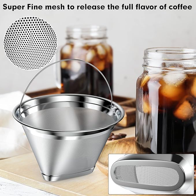 Stainless Steel Reusable Coffee Filter Compatible with Ninja Coffee Maker, 4 Cone Coffee Filters Coffee Basket, Permanent Coffee filters fit for Ninja CFP201 CFP300