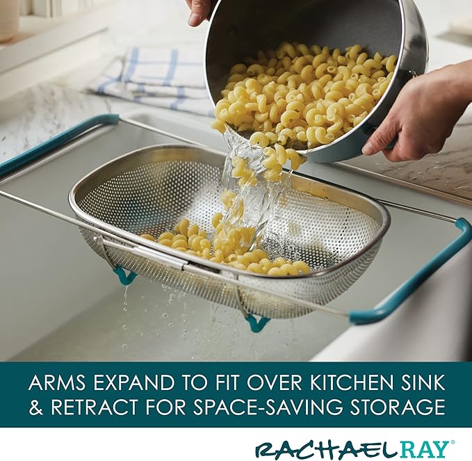 Rachael Ray Tools and Gadgets Over-The-Sink Colander/Strainer, 4.5 Quart, Stainless Steel with Agave Blue Handles