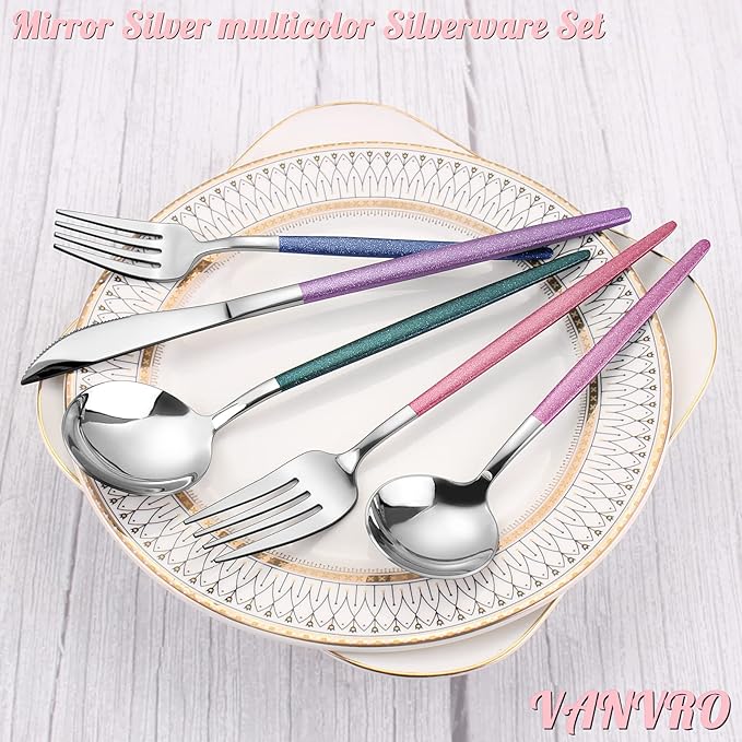 Mirror Silver multicolor Silverware Set, 20-Piece Stainless Steel Flatware Set, Satin Finish tableware Cutlery Set, Service for 4, Home and Restaurant, Dishwasher Safe