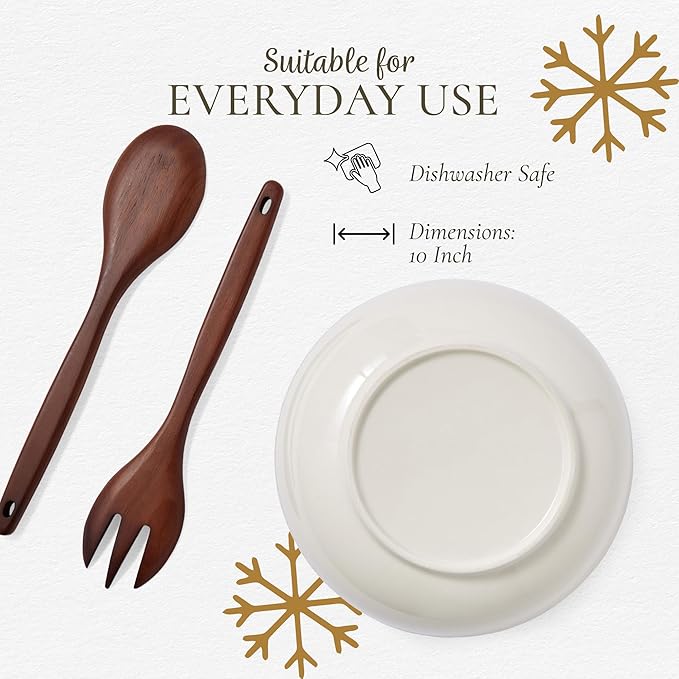 Spode Christmas Tree 10" Serving Bowl & Wooden Servers, Polka Dot - Ceramic Serving Bowls & Party Bowls for Holiday Celebrations - Salad Bowls and Soup Bowls for Dining - Christmas Table Setting