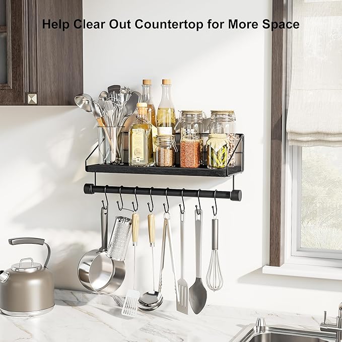 Alsonerbay Floating Shelves Wall Shelves for Bedroom, Bathroom Shelves Wall Mounted with Towel Bar, Kitchen Rustic Wood Shelf with Hooks for Hanging Cooking Utensils or Mugs