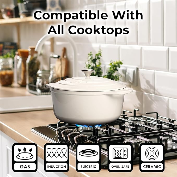 Zulay Kitchen 5 Quart Enameled Cast Iron Dutch Oven with Lid,Silicone Trivet & Heat Pad – Premium Durability & Oven Safe up to 500°F– Heavy Duty Cookware Perfect for Bread Baking, Stews, Braising & Roasting – White