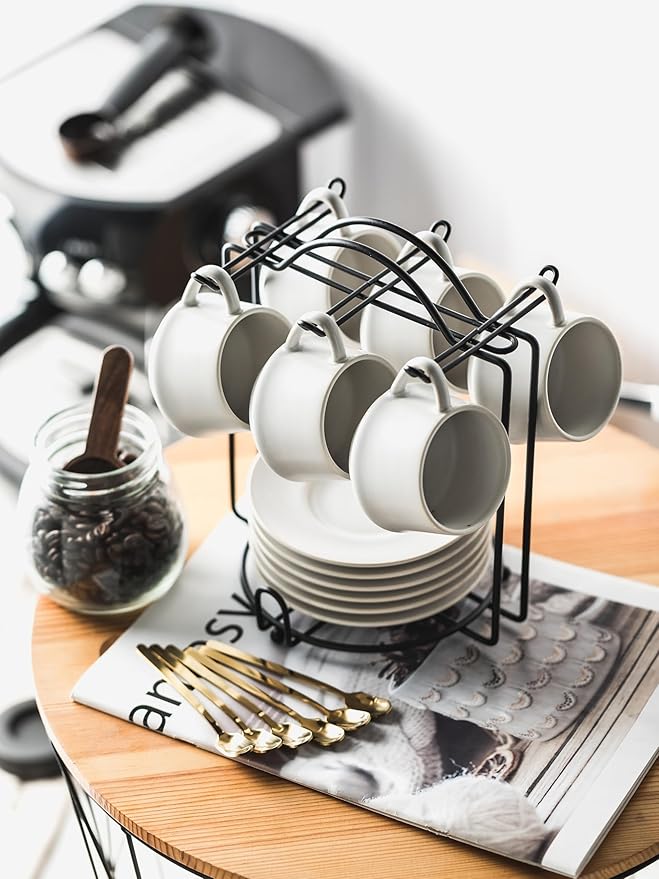 YHOSSEUN Espresso Cups with Saucers and Metal Stand, 4 Oz Ceramic Expresso Shots Cup Espresso Small Coffee Cups Set of 6, Beige