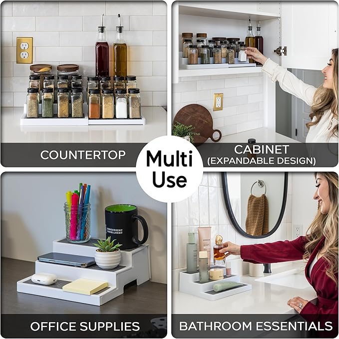 Pack of 2, Expandable 3 Tiered Spice Rack Organizer for Cabinet and Kitchen Pantry Shelf - Non-Slip Shelves for Spices, Seasoning, Canned Food, Medicine Cabinet Organizer - Includes Silicone Funnels