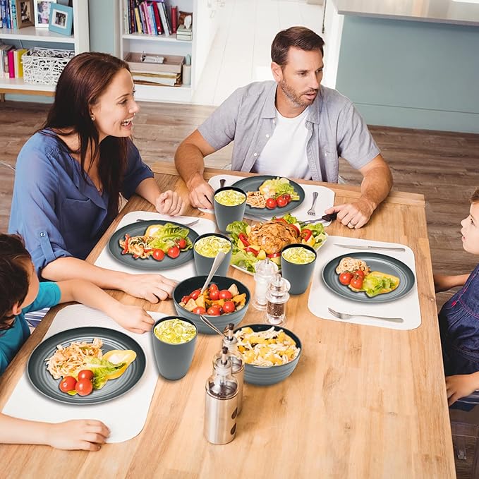 32-Piece Kitchen Plates and Bowls Sets,Lightweight Plastic Dishes Set for 8,Unbreakable Dinnerware Sets,Reusable Plates Set,Dishwasher and Microwave Safe, Dish Sets for Outdoor Camping,RV,Grey