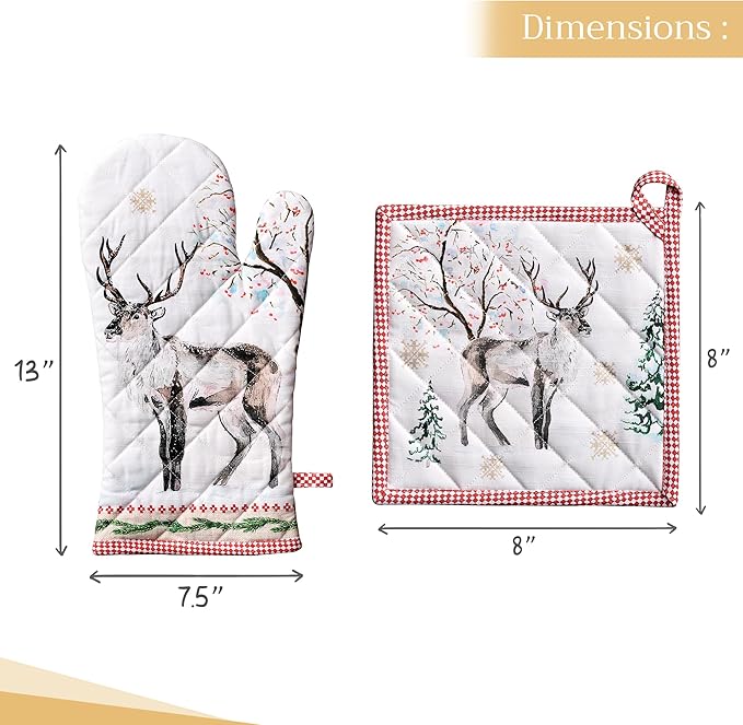 Maison d' Hermine 100% Cotton Oven Mitt & Pot Holder Set (7.5"x13" & 8"x8") Heat Resistant BBQ Cooking Gloves with Loop, Baking, Grilling, Kitchen, Handling Hot Pans (Rural Christmas)