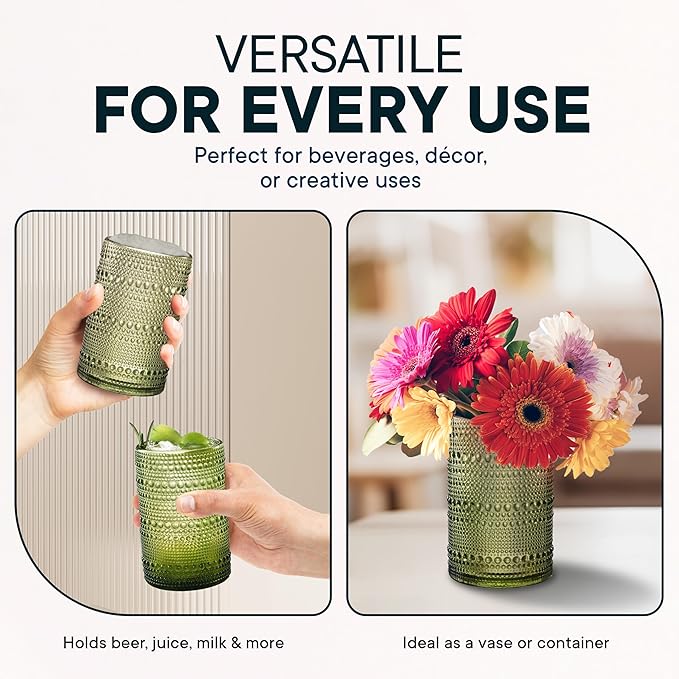 15 OZ Hobnail Drinking Glasses Set of 12 - Vintage Embossed Glassware, Textured Tumblers for Water, Beer, Cocktails & Whiskey – Includes Straws and Coasters – Green