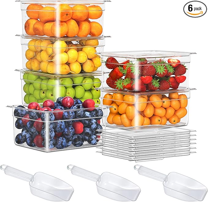 6 Pack Plastic Food Pan with Lid 1/2 Size 6 Inch Deep Restaurant Clear Food Storage Containers Polycarbonate Commercial Hotel Pans for Fruits Vegetables Beans Corns (6 PCS, 6'' Deep)