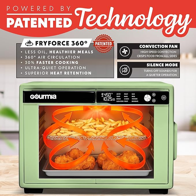 Gourmia French Door Digital Air Fryer Oven - 25-Quart XL Capacity, 12 Presets, Touchscreen, FryForce 360° Tech, Dehydrate, Proof, Slow Cook, Fits 13” Pizza, 1700W, Green