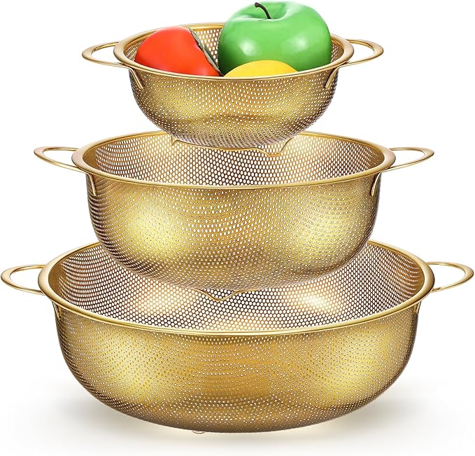 Baderke 3 Pieces Stainless Steel Gold Colander Metal Strainer with Handle Pasta Gold Colander for Kitchen Draining Pasta Rinsing Vegetables Rice Food, 3 Sizes(1-3-5 Quart,Classic)
