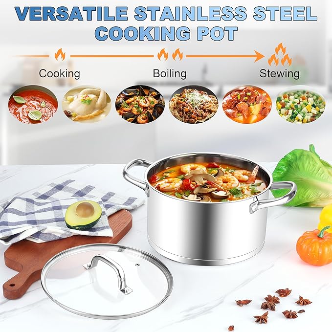 Homikit 5 Quart Stock Pot, Stainless Steel Soup Cooking Pot with Lid for Pasta Sauce Simmering Steaming Stewing, Tri-ply Heavy Bottom Induction Pot, Dishwasher Safe