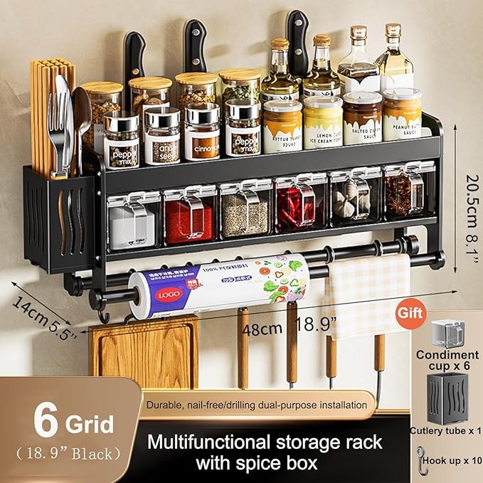 Hanging Wall Mount knife Wall Mount,Condiment Cup, Space-Saving Knife Rack with Hooks, Kitchen Organizer Storage Shelf for Utensils Spatula Spoon, Kitchen Utensil Hanger (Black, 48cm+6Cups+10Hooks)