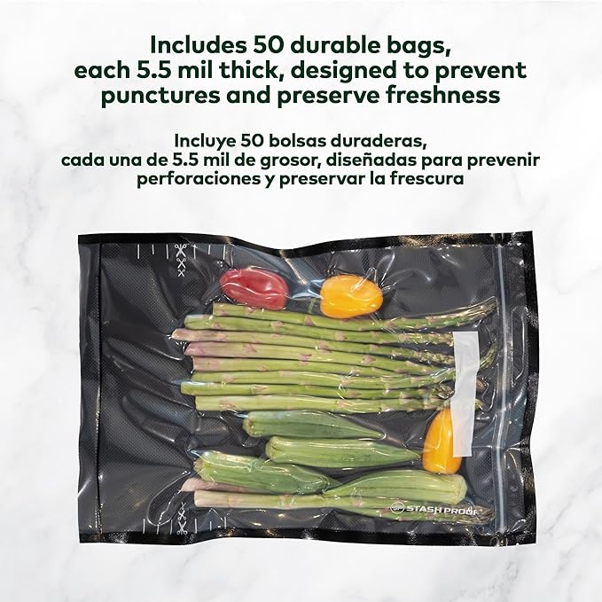 Resealable Zipper Vacuum Seal Bags 11" x 16" (50 Count) 5.5 Mil (Black and Clear) - BPA Free Commerical Grade Food Saver for Storage, Sous Vide, and Meal Prep Sealer Bag