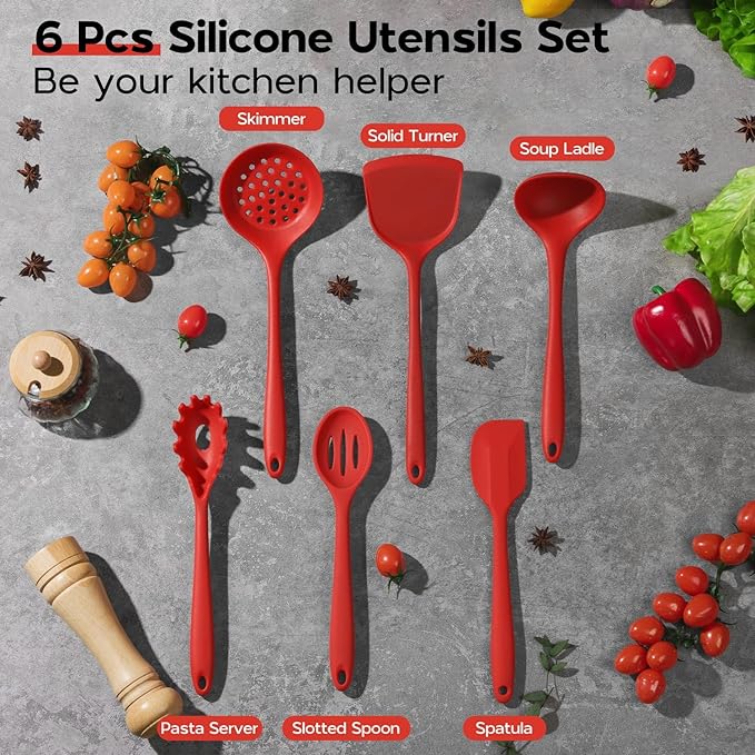 Silicone Cooking Utensils Set, Onader Red Kitchen Utensils 6 Pcs Set, Heat Resistant Kitchen Tool Kit, Nonstick Cookware Friendly & Non Toxic