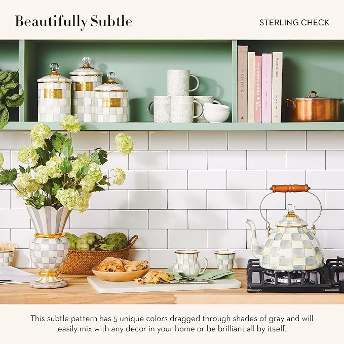 MACKENZIE-CHILDS Enamel Colander, Decorative Kitchen Strainer, Large, Gray-and-White Sterling Check