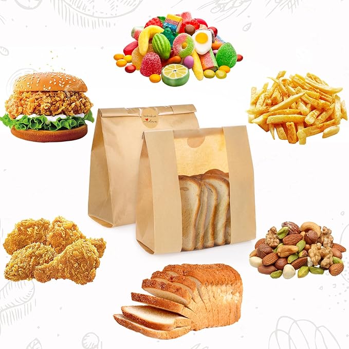 WSICSE 30 Pack Paper Bread Bags with Window, 14 * 8.3 * 3.5 Inch Disposable Brown Simple Fold Top Bag for Homemade Bread, Sourdough, Bagels, Croissants, Donuts