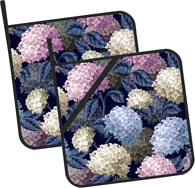 Hydrangeas in Wild Pot Holders Set of 2 Heat Resistant & Non Slip Potholders, Oven Hot Pads for Kitchen Cooking Baking Barbecue