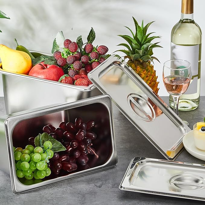 Mifoci 2 Pack Stainless Steam Hotel Pan with Lid, 1/4 Size x 6 Inch Deep, Reusable Anti Rust Steam Pan for Home, Party, Restaurant, Hotel, Buffet